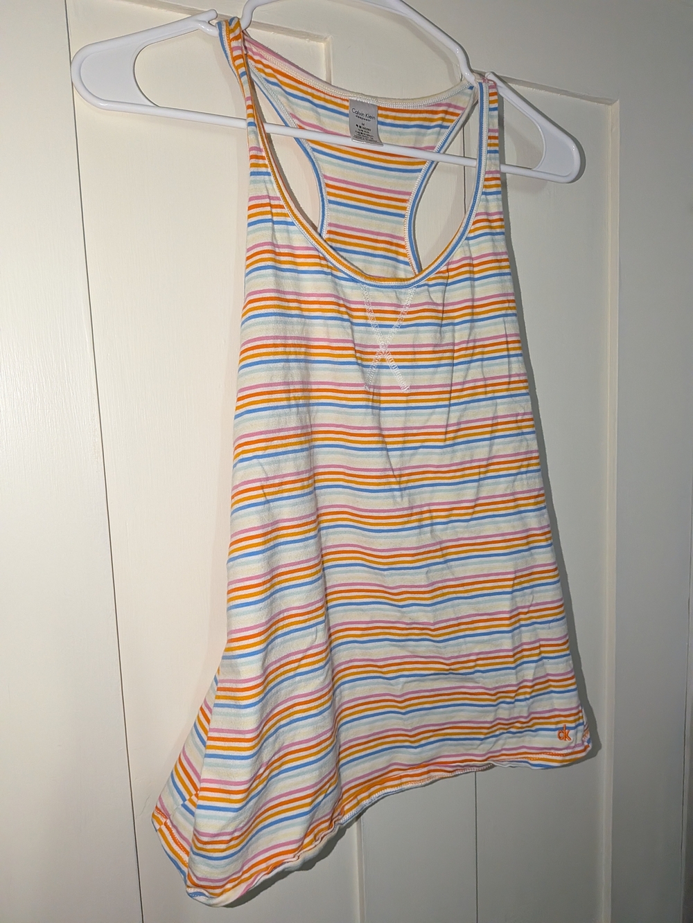 Calvin Klein White Racerback Tank with Yellow, Orange & Blue Stripes